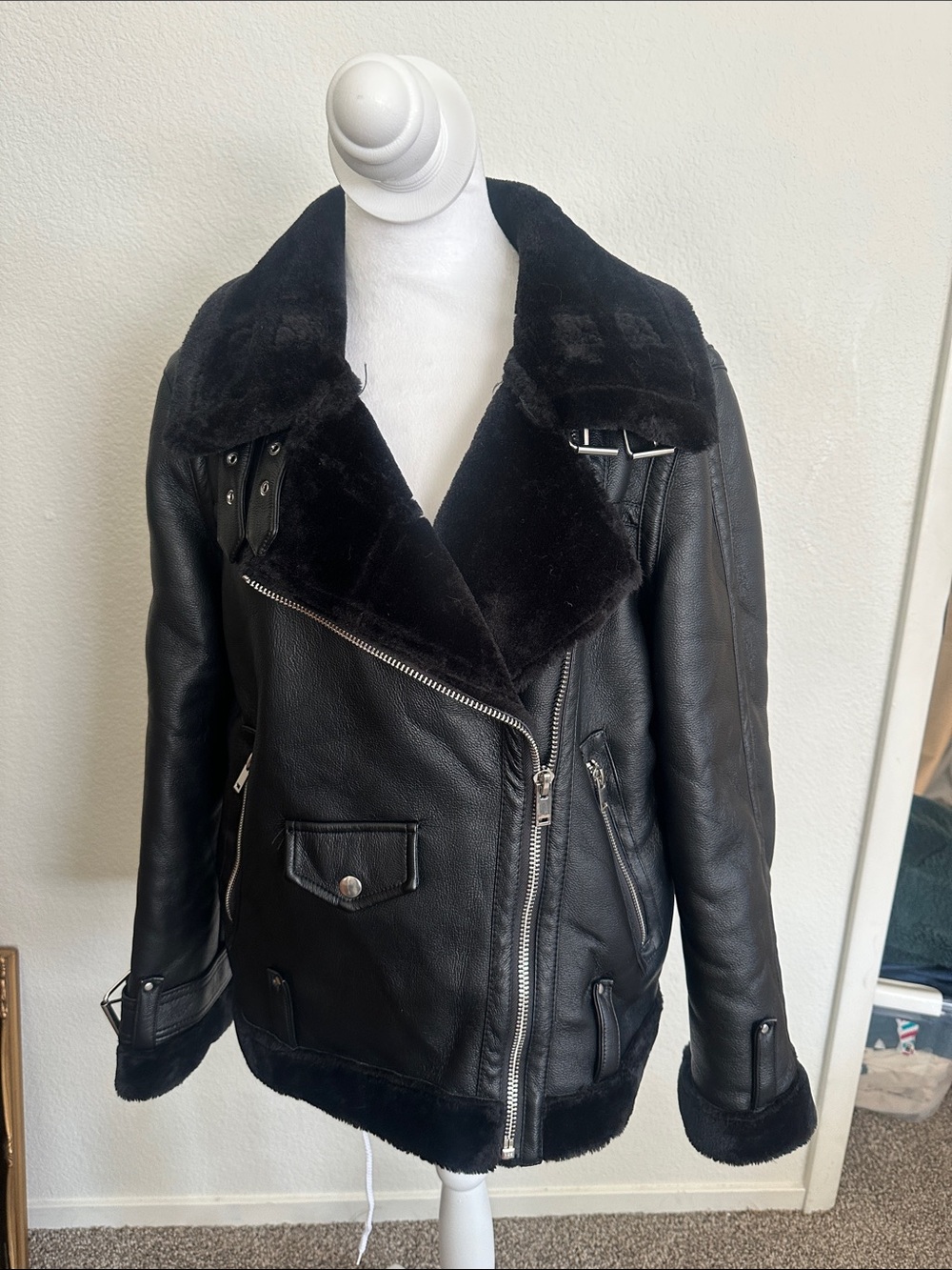 Topshop Black Faux Shearling Biker Jacket